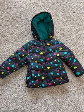 healthtex Black Puffer Jacket with Multicolor Heart Print and Hood
